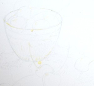 Doesn't look like much yet but trust me, those light pencil marks are the backbone of a piece!  Look hard - you might be able to see the masking fluid.