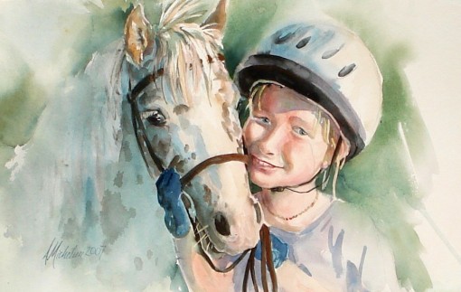 watercolor portrait of child and horse