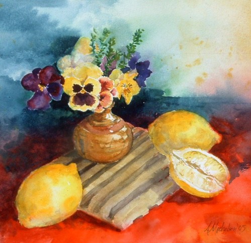 "Pansies and Lemons" watercolor still life
