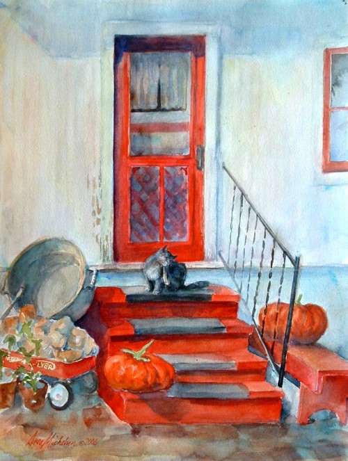 Red door and cat