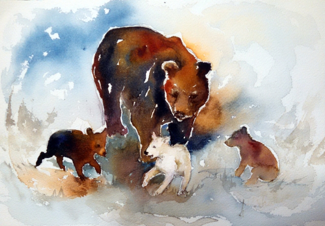 Mama bear and cubs watercolor